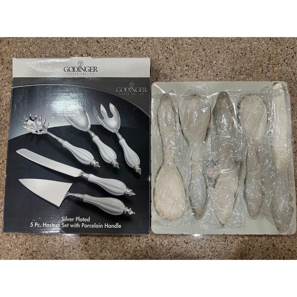 Godinger silver plated 5pc set Porcelin handle - Original Packaging
